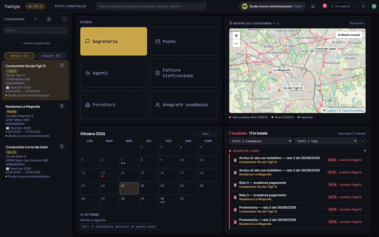 Fastigia: la scrivania dello studio con mappa, calendario e scadenze
